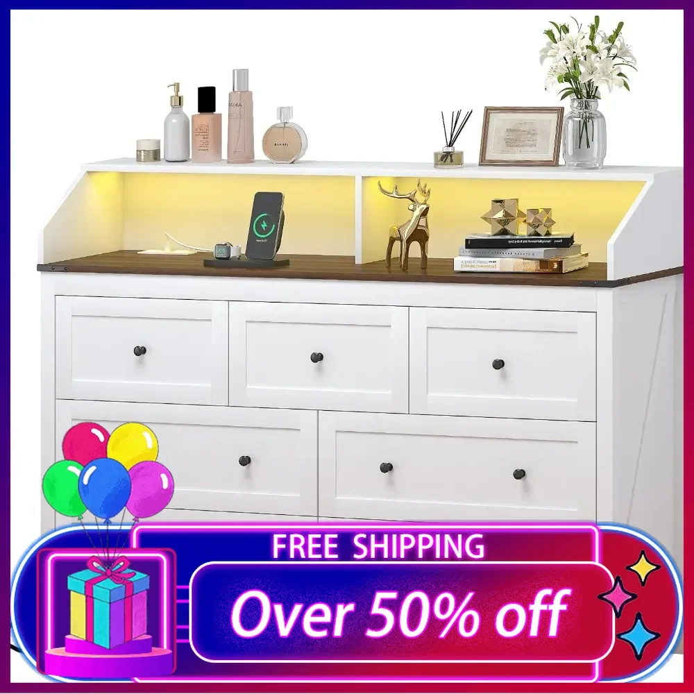 LED Dresser with Charging Station, 7 Drawer Dresser for Bedroom,Chest of Drawers with RGB Lights, Wood Dresser with Deep Drawers