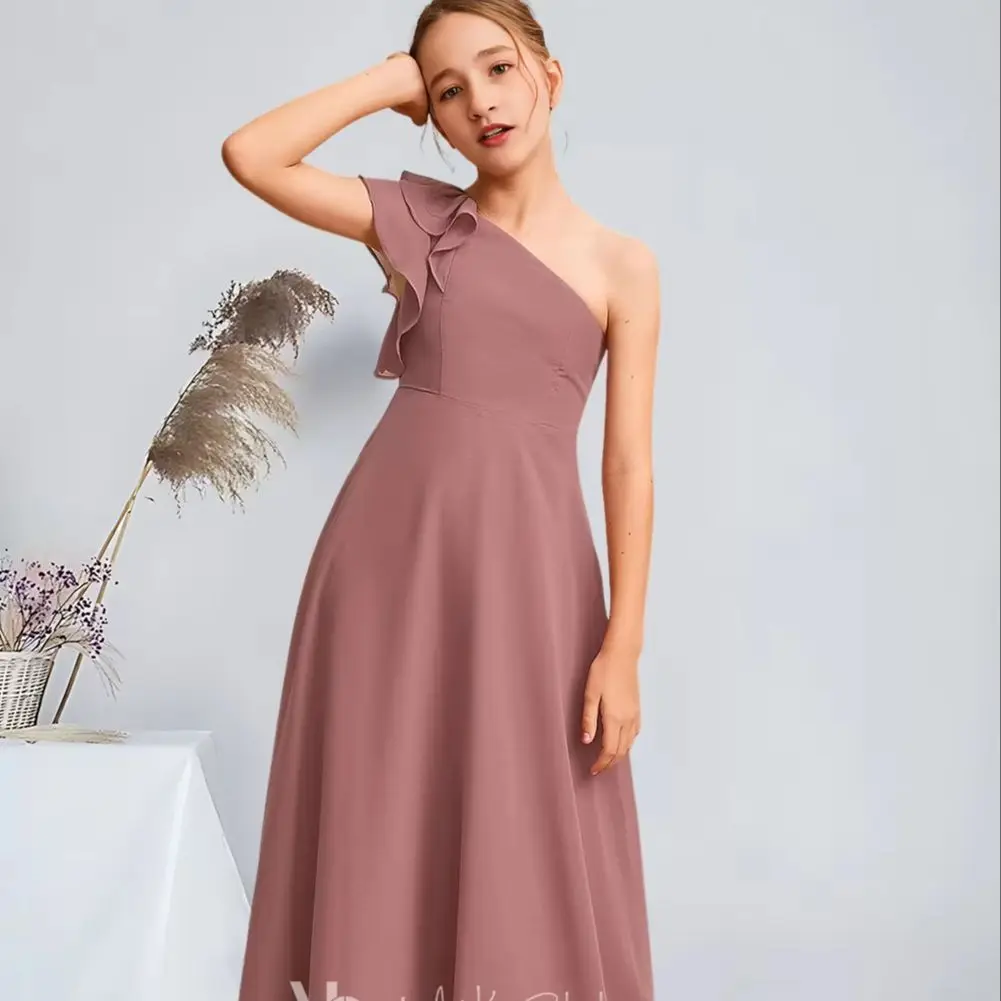

QZL Blue Child Rose A Line One Shoulder Floor Length Chiffon Junior Bridesmaid Dress Flower Girl Dress Kids Girls Wedding Party
