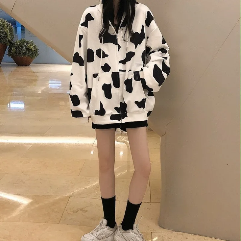 Harajuku Y2k Oversize Zipper Cow Hoodies Milk Korean Fashion Kpop Streetwear Zip Up Hooded Sweatshirt Women 2023 Autumn New