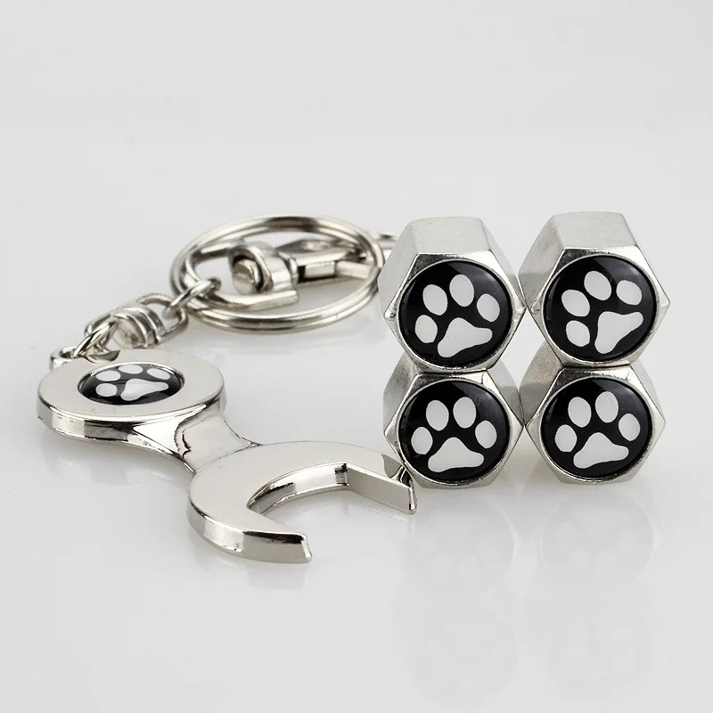 

5 PCS Car Styling Zinc Alloy Anti-theft Footprint Logo Car Wheel Tire Air Leather buckle Valve Caps With Wrench Car Styling