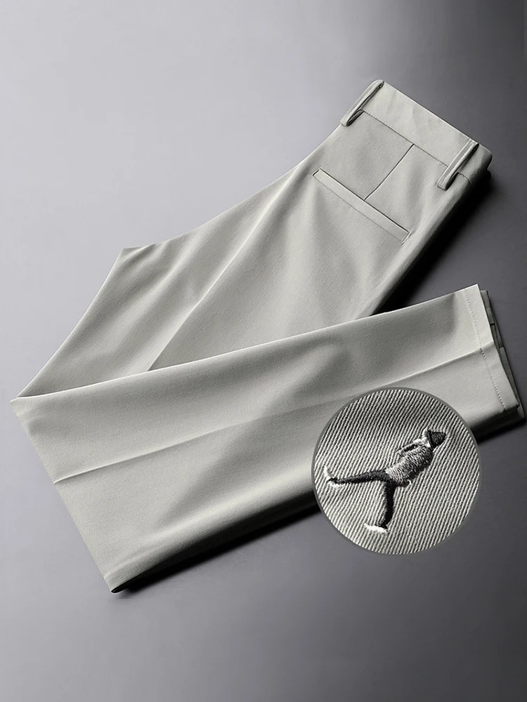 

Slim Fit Men's Summer Busin Casual Pants Korean Sle Iron Free Embroidered Nine Point Thin Leg Trousers Faionable Polye...