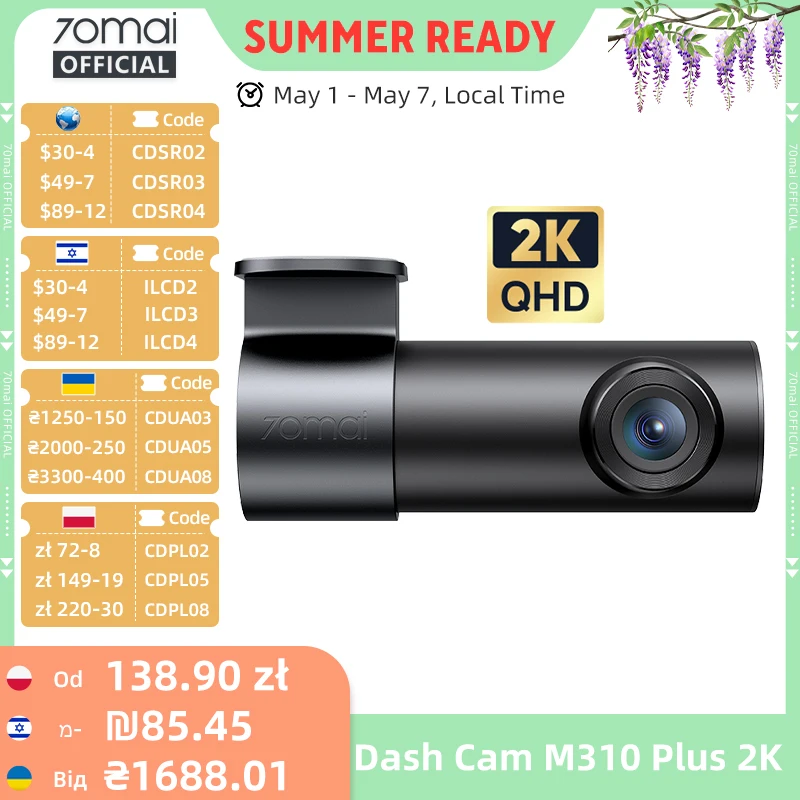 70mai Dash Cam M310 Plus 2K 1440P Super visión nocturna F1.55 apertura 70mai M310 2K coche DVR 24H protector de estacionamiento WIFI y Control de voz