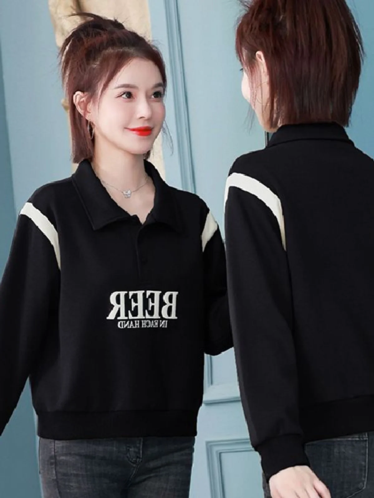 Spring Autumn Loose Long Sve Sweatirt Women ort Faion Casual Turn-down Collar Doll Collar Base irt Top