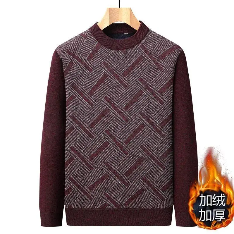 

Mens Fleece Crewneck Pullover Sweater Trendy Stripes Comfortable Casual Soft Knitted Shirt Thickened Warm Close-fitting Sweater