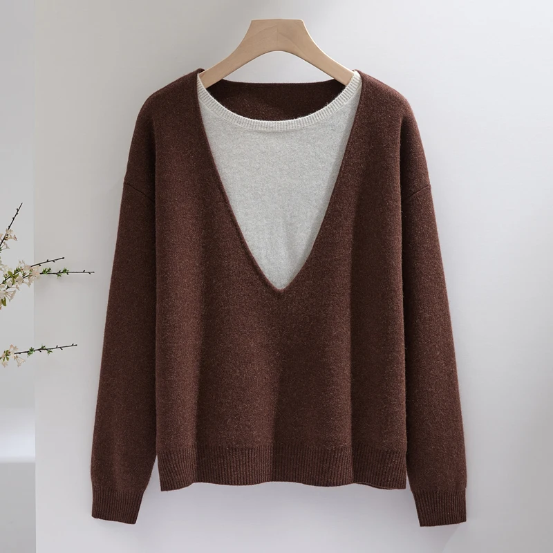 Autumn/Winter New Women's Cashmere Sweater Color blocked Double Collar Fake Two piece Knitted Sweater Autumn/Winter New