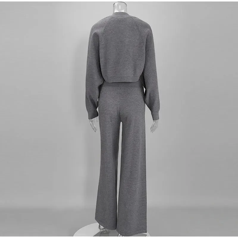 Damen Strick-3-Teiler-Set: O-Ausschnitt, ärmelloses Crop-Top, Langarm-Mantel, weit geschnittene Hose, Herbstmode, neue Strickwaren für Damen – Detail 8