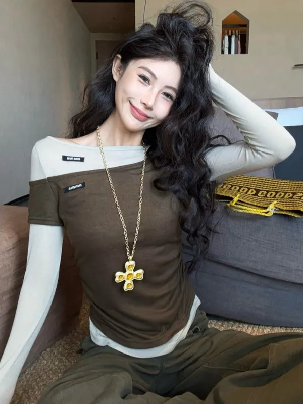 

Slimming Design Sensation Fake Two-Piece T-Shirt Women's Early Autumn Embroidered Base Layer Hot Girl Unique Style Citywalk