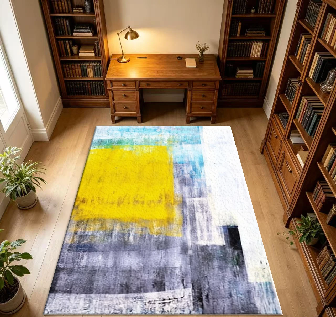 Yellow Blue Grey Abstract Oil Painting Area Rug Modern Brush Stroke Art Carpet for Living Room Bedroom Home Decor