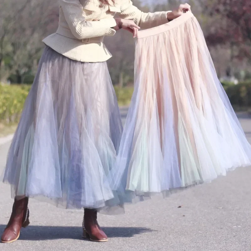 New Baikal Lake is very dreamy and beautiful gradient stitched gauze long skirt fairy  high