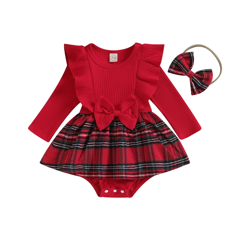 Newborn Baby\'s Clothes Girls 2Pcs Christmas Outfits Long Sleeve Bow Front Plaid Kids Romper with Headband Set Toddler Clothes