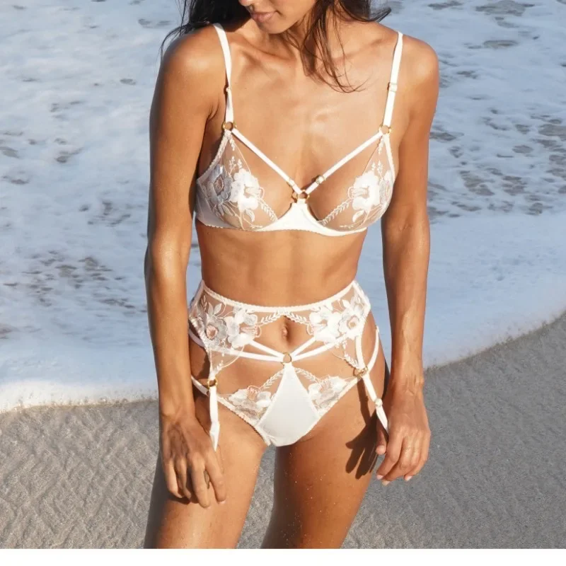 

Sexy Heavy Industry Embroidery Underwear Set Women's Transparent Hollow Out Uniform Three Piece Female White Exotic Apparel Suit