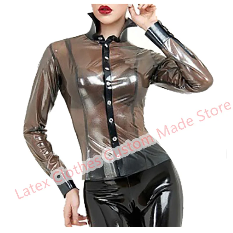 

Sexy Lingerie for Women Handmade Latex Top Rubber Suit Cosplay Costumes Long Sleeve Transparent Black with Black