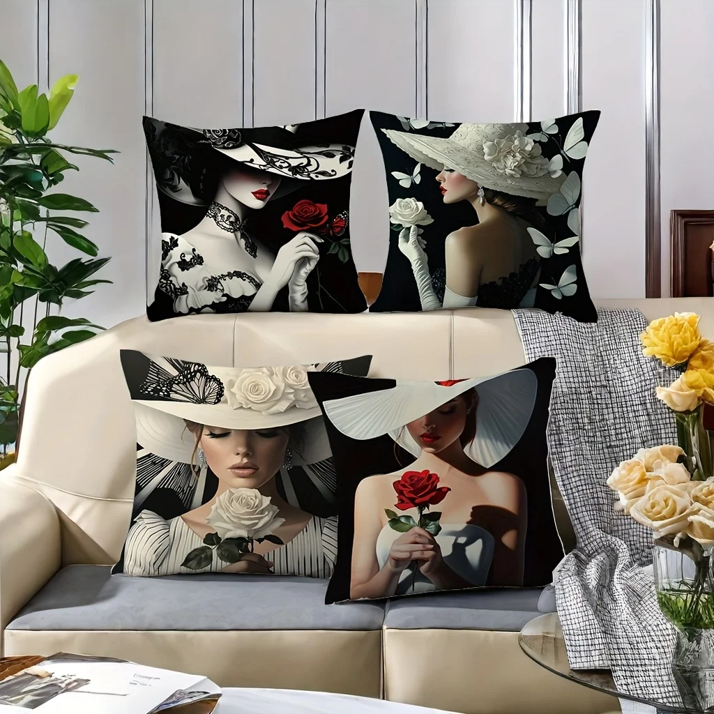 4PCS Printed Pillowcase Set - Lady with White Hat Holding Rose on Black Background, Vintage Charm Design for Daily Gatherings