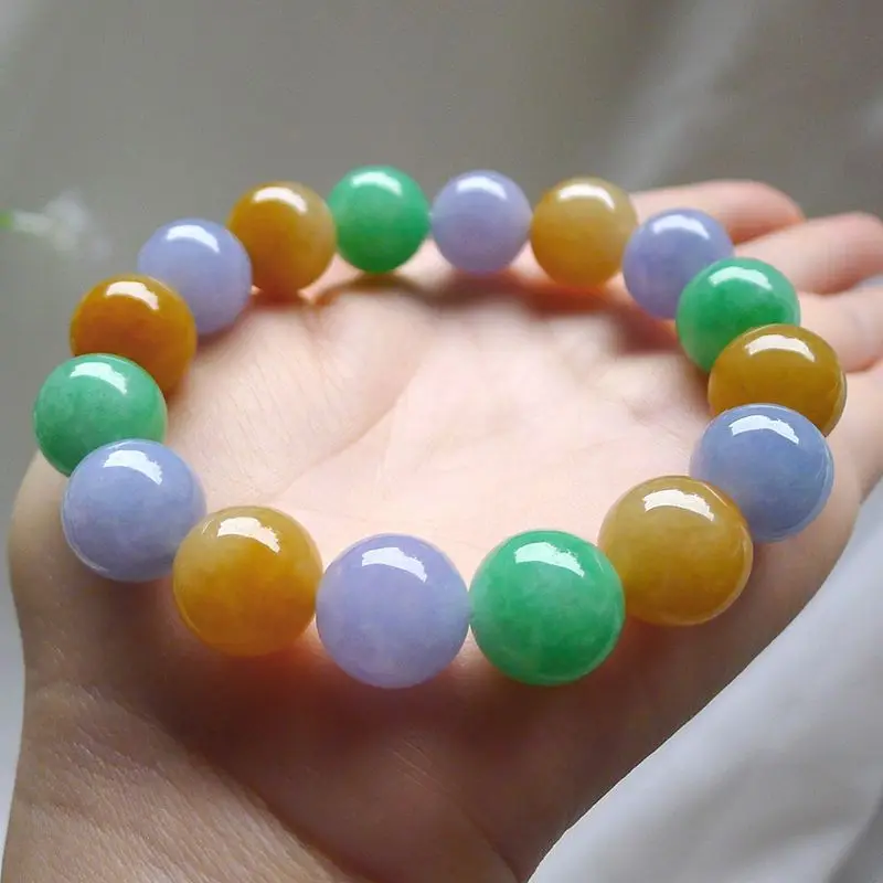 Counter Genuine Myanmar Waxy Three-Color Bracelet Women's round Beads Jade