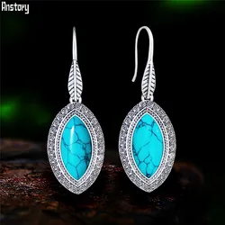 Vintage Eye Shape Pendant Synthetic Turquoises Earrings For Women Anitque Silver Plated Fashion Leaf Jewelry