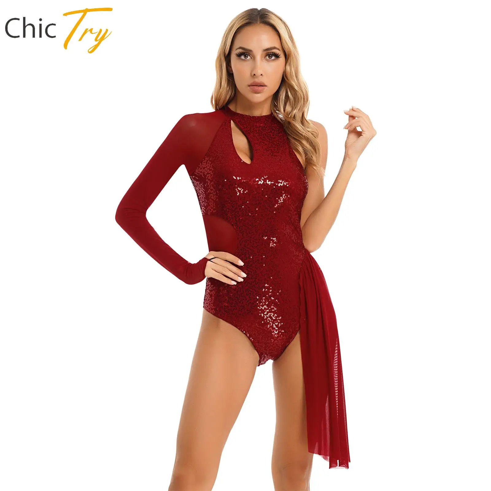 Womens Ballet Modern Dance Figure Skating Dress Glitter Sequins Leotard One Shoulder Long Sleeve Halter Party Dancewear Costume