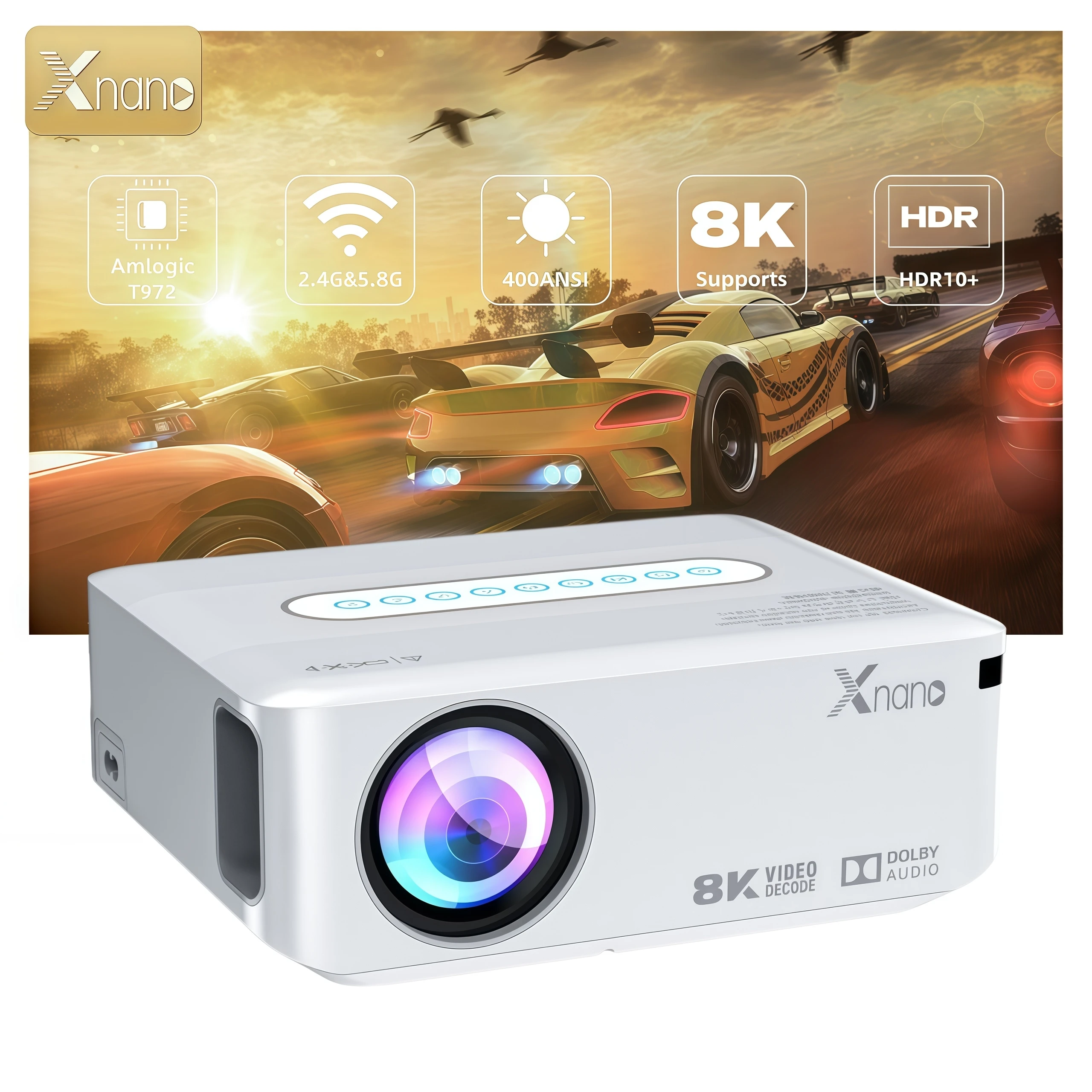 Xnano X1 Smart-Projektor, native 1080p, 400 ANSI, 8K-Dekodierung, T972-Chip, Android 9.0, Fernbedienung, Sprachsteuerung, Dual-Wi-Fi, Bluetooth 5.0, Dolby Audio, 4-Punkt-Trapezkorrektur,
