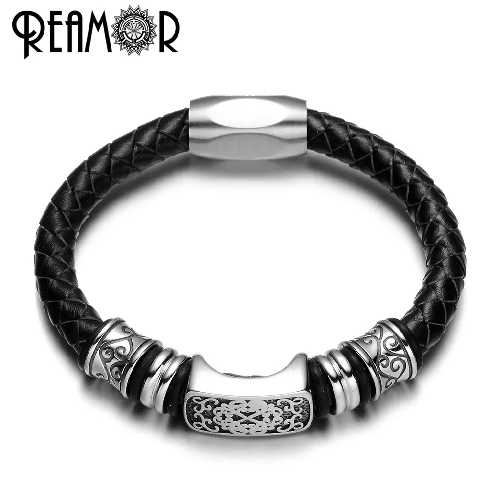 

REAMOR Fashion 316L Stainless Steel Totem Charms Beads Men Bracelets 8mm Genuine Leather with Magnet Clasp Bracelet