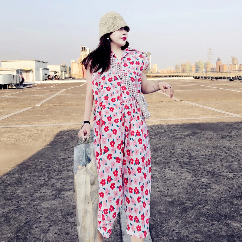 Floral Print One-Piece Summer Suit Casual ort Sve High Waist Cotton Blend Faionable Korean Sle Women's Overall Outfit