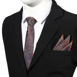 2pcs Neck Tie Set Classic Paisley Necktie For Men Polyester Jacquard Pocket Square Scarf Red Golden Color Formal Ties 7cm Cravat
