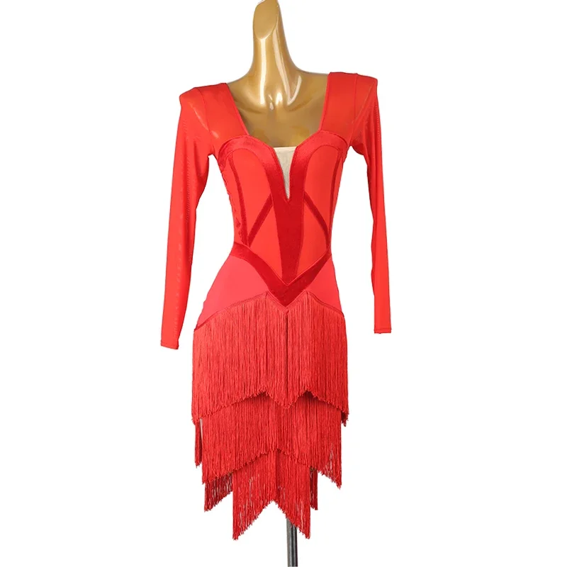 Nowa sukienka do tańca latynoamerykańskiego z frędzlami dla kobiet, na występy, salsę, rumby, imprezy, z długim rękawem, strój sceniczny do tańca towarzyskiego, 2025