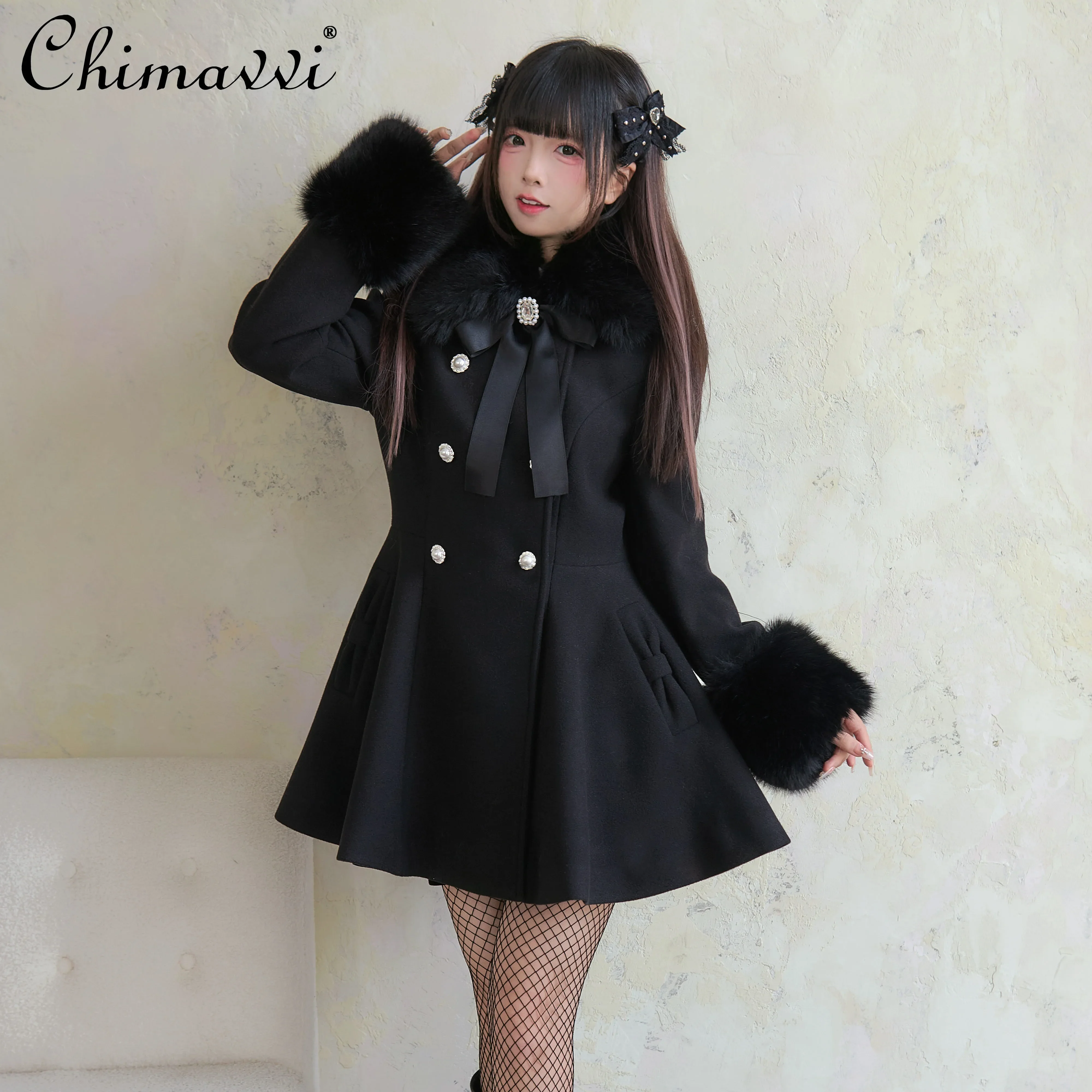 New Japanese Mine Series Mass-produced Lolita Woolen Coat Autumn Winter New Sweet Girl Women's Bow Slim-fit Mid-length Jackets