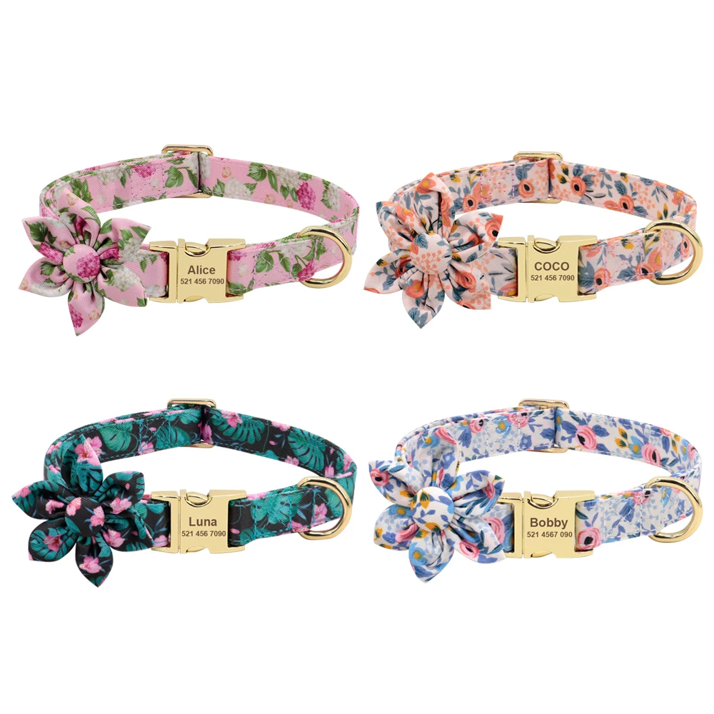 Printed Nylon Dog Collar Free Custom Dogs Collars With Flower Accessories Engraved Pet ID Necklace For Small Medium Large Dogs
