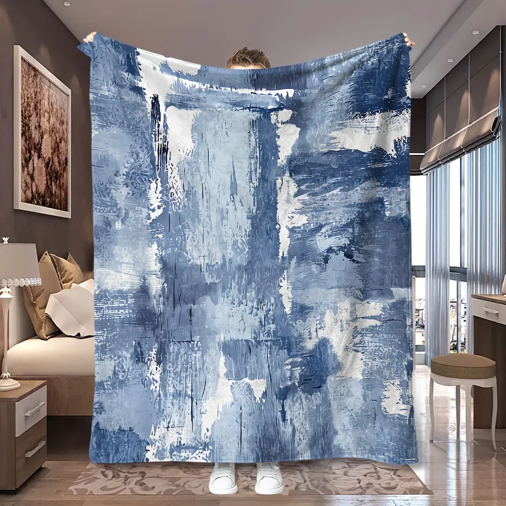1pc Grey Blue Brush Stroke Abstract Texture Print Flannel Blanket, Comfortable and Practical, Suitable for Blankets, Kid Bed Cov