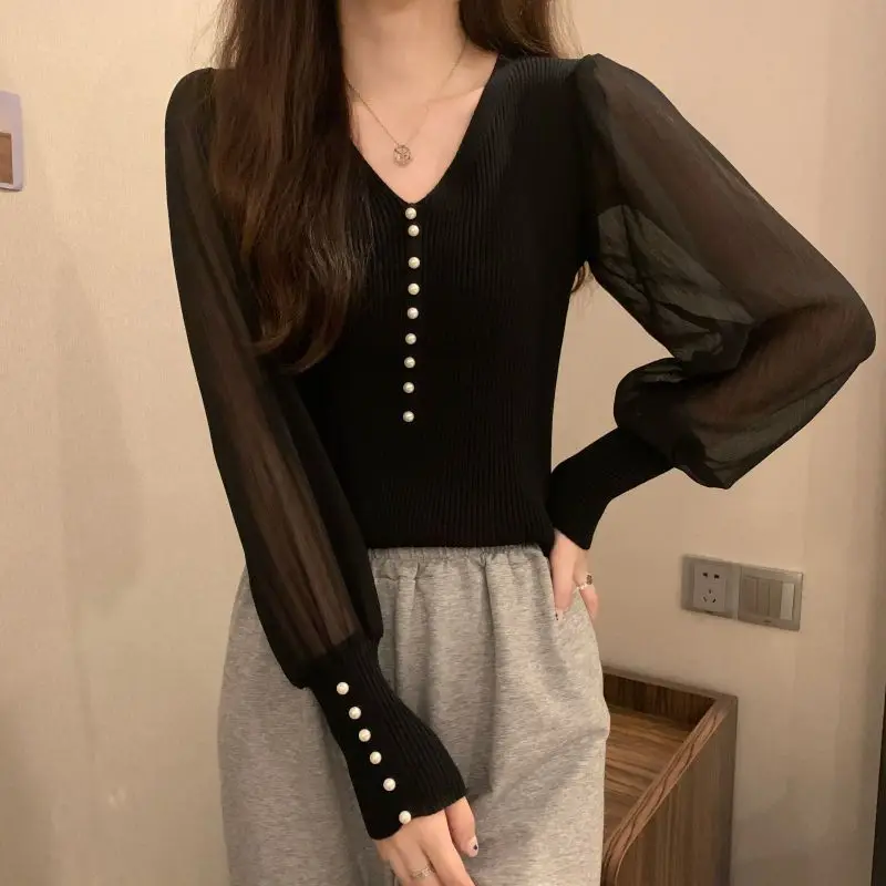 Temperament Chiffon Patchwork Slim T Shirts Spring New Long Sleeve V Neck Solid All-match Tops Elegant Fashion Women Clothing