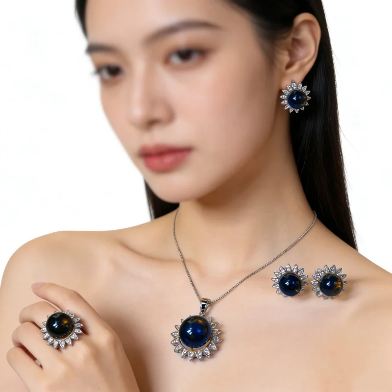 

8-9-10mm Blue Amber Round Beads Sterling Silver Female Flower Three-piece Jewelry Set