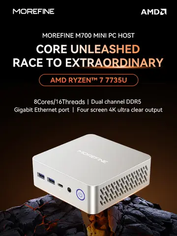 MOREFINE Mini PC M700 AMD Ryzen R7-7735U WIN11PRO Desktop Computer Dual Channel DDR5 RAM M.2 PCIE4.0 SSD WiFi6 BT5.0 Laptop Game