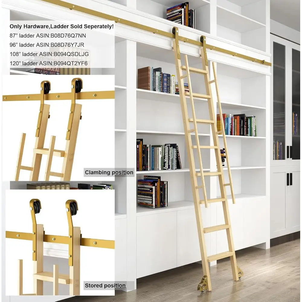 16FT Sliding Library Ladder Hardware Kit, Rolling Track System with Braking Floor Rollers, Gold Finish, Ladder Not Included