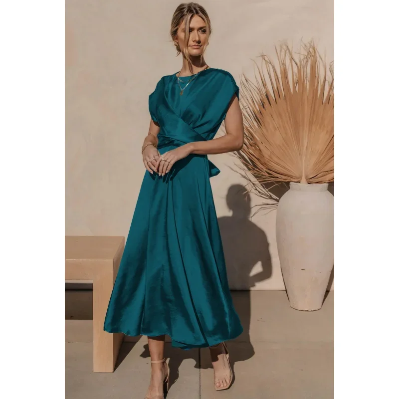 ชุดเดรสลําลองซาตินลูกเรือคอแขนกุดฤดูร้อนผู้หญิง Ruched เอว Tie Silky Temperament Slim ชุดราตรีหรูหรา