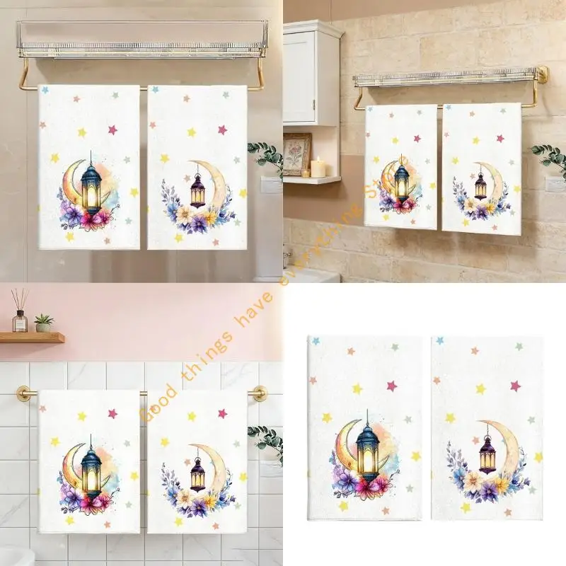 

2Pcs Ramadans Moon Floral Watercolor Microfiber Kitchen Towels Absorbent Dish Cleaning Cloths for Islamic Party Decors 55KF
