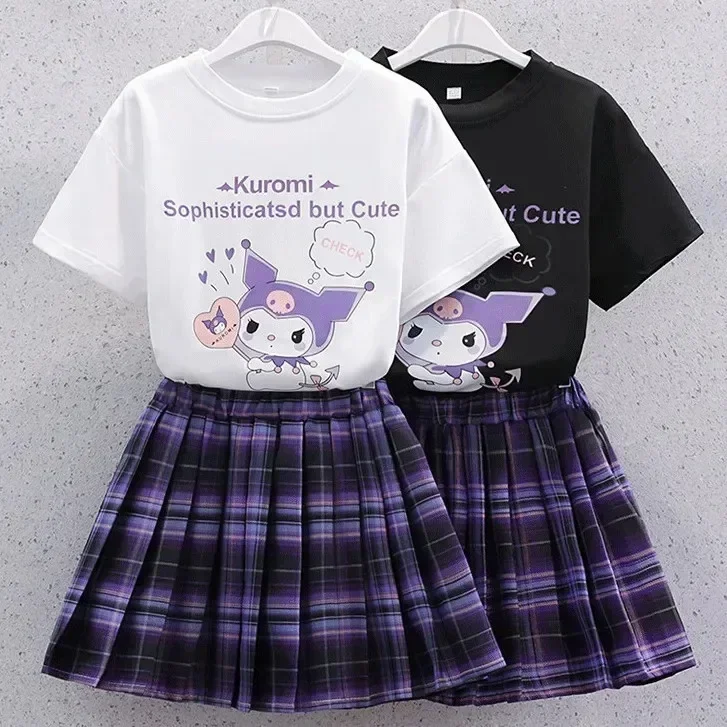 HOT Sanrio Kuromi Kawaii Girls College Style T-shirt Skirt Suit Summer Clothes New Girl Suit Children's Clothes Style Pleated