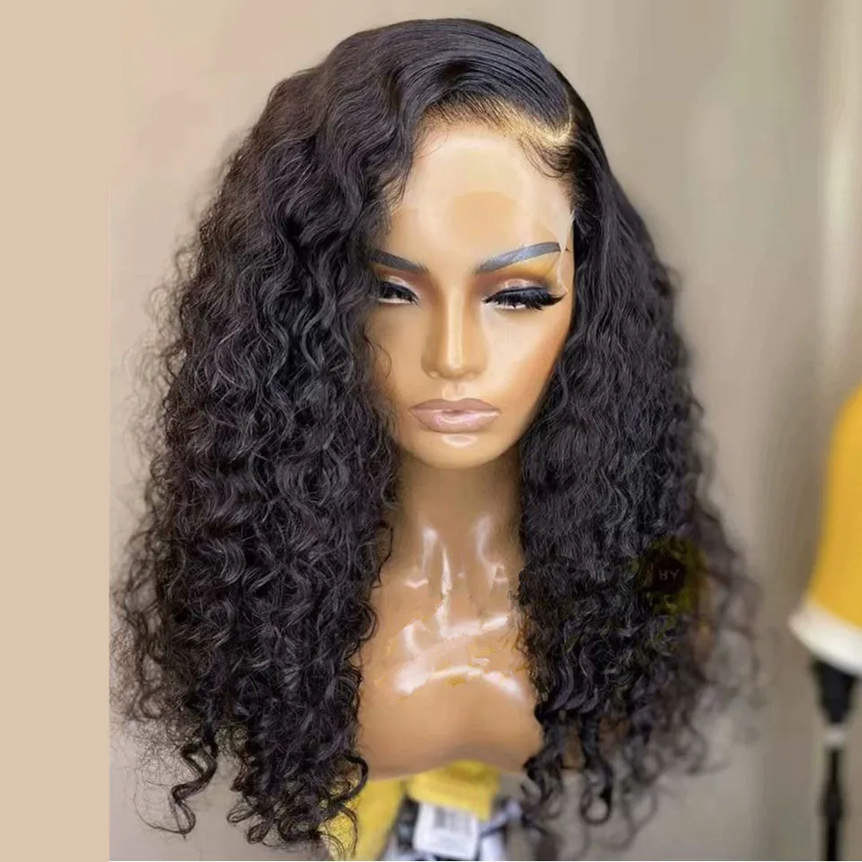 Perruque Lace Front Wig crépue bouclée noire naturelle pour femme, cheveux de bébé, densité 180, 26 pouces de long, sans colle, préplumée, degré de chaleur, 03