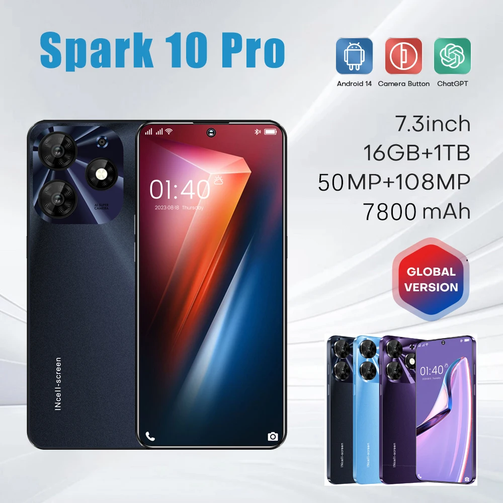 

Global Version Spark 10 Pro Phone Smartphone 5G 108MP Camera 7.3" 120Hz Super AMOLED Display Dimensity 9200+ Unlocked Celulares