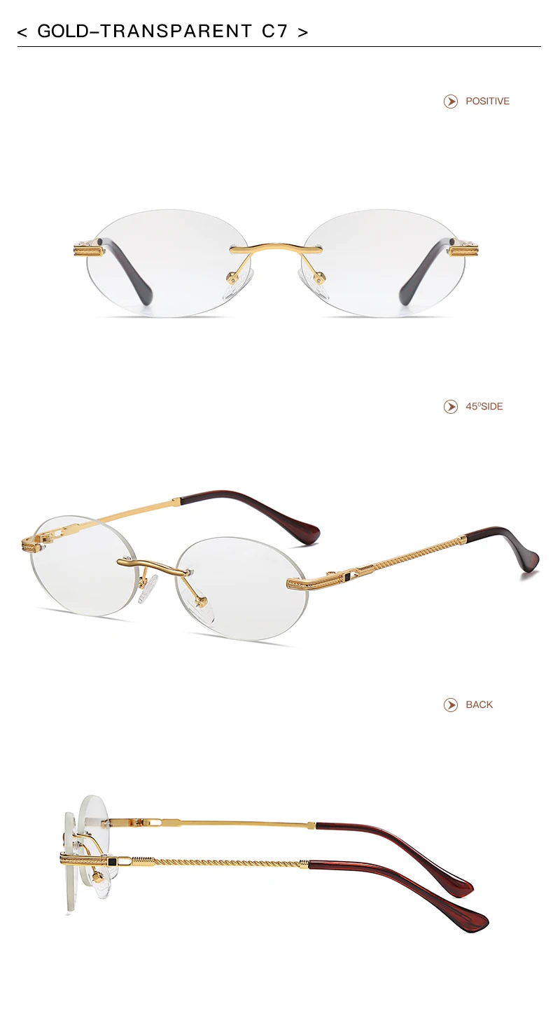 Retro Ovale Sonnenbrille Randlos Herren Blau Verspiegelt Gold Metall Herrenbrille Rund Rahmenlos Damen UV400 – Detail 18