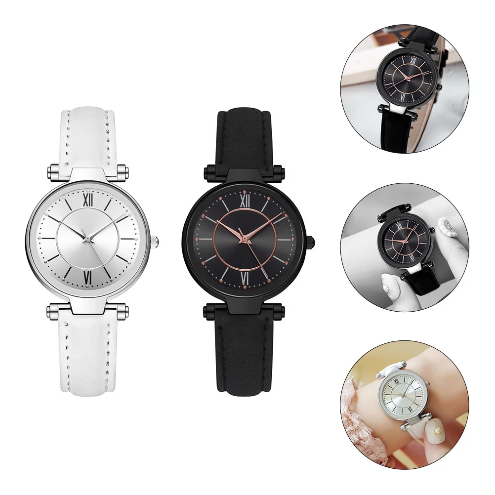 

2Pcs Ladies Casual Watch Quartz Imitation Strap Fashionable Utility Comfortable for Daily School Shopping and Social