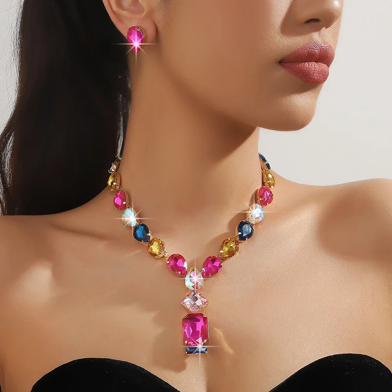 

European and American Exaggerated Colorful Water Drop Geometric Crystal Large Pendant Dinner Dress Necklace and Earring Suit