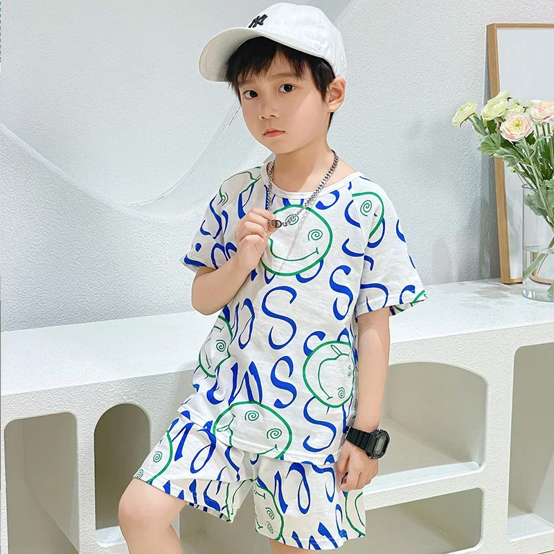 【LF】Kids Teenagers Summer Short Sleeve Set 100-180cm Cotton Boys Girls Fashion Loose T-shirt+Shorts