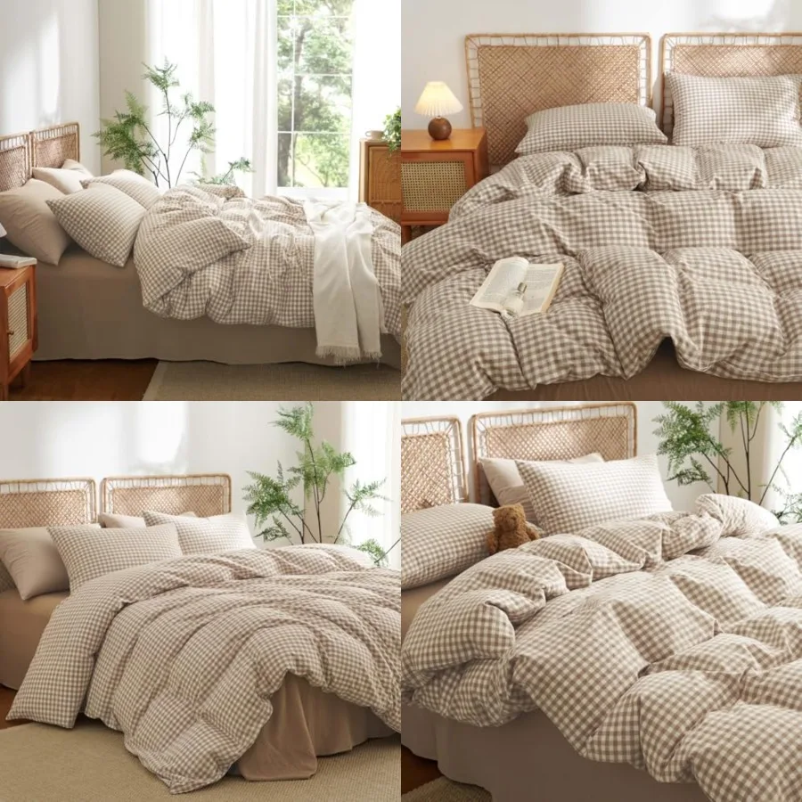 

Duvet Cover Size 100% Washed Cotton Tan Plaid Checkered Comforter Cover 3 Pcs Soft Breathable Grid Farmhouse Dorm Bedding Set f
