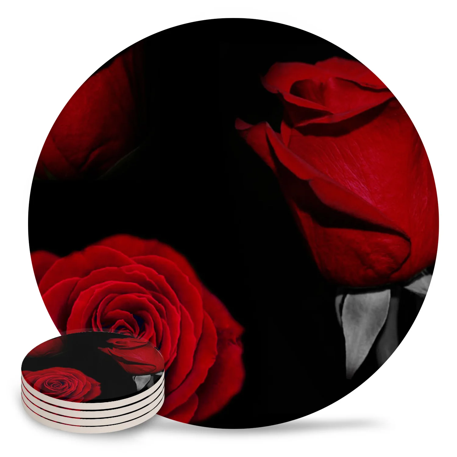 Red Rose Flower Black Round Coaster Coffee Table Mats Kitchen Accessories Absorbent Ceramic Coasters