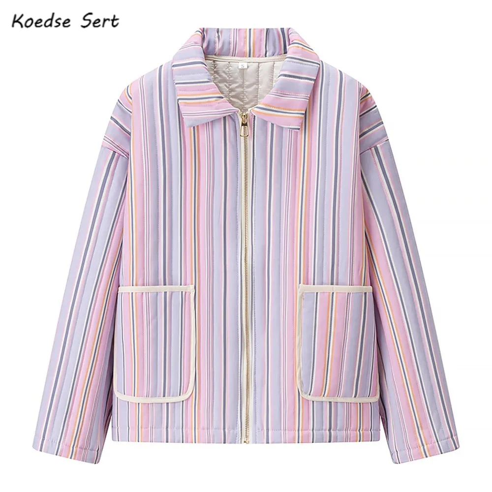 

Осень-зима 2025 года, стеганое пальто с лацканами и цветными полосками, женское стеганое пальто в стиле ретро с передним карманом, свободная куртка на молнии с длинными рукавами