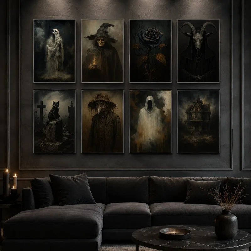 Dark Gothic Halloween Canvas Gallery Wall Print Witch Ghost Doctor Goat Skull Wall Art Vintage Moody Spooky Home Decor Gift