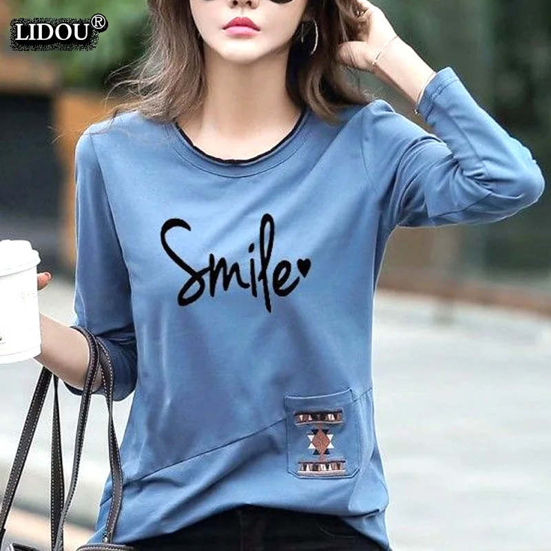 Causal O-neck Letter Print Skinny Long Sleeved T-shirts Fashion Spring Autumn Simple Comfortable Cotton Top Women\'s Clothing