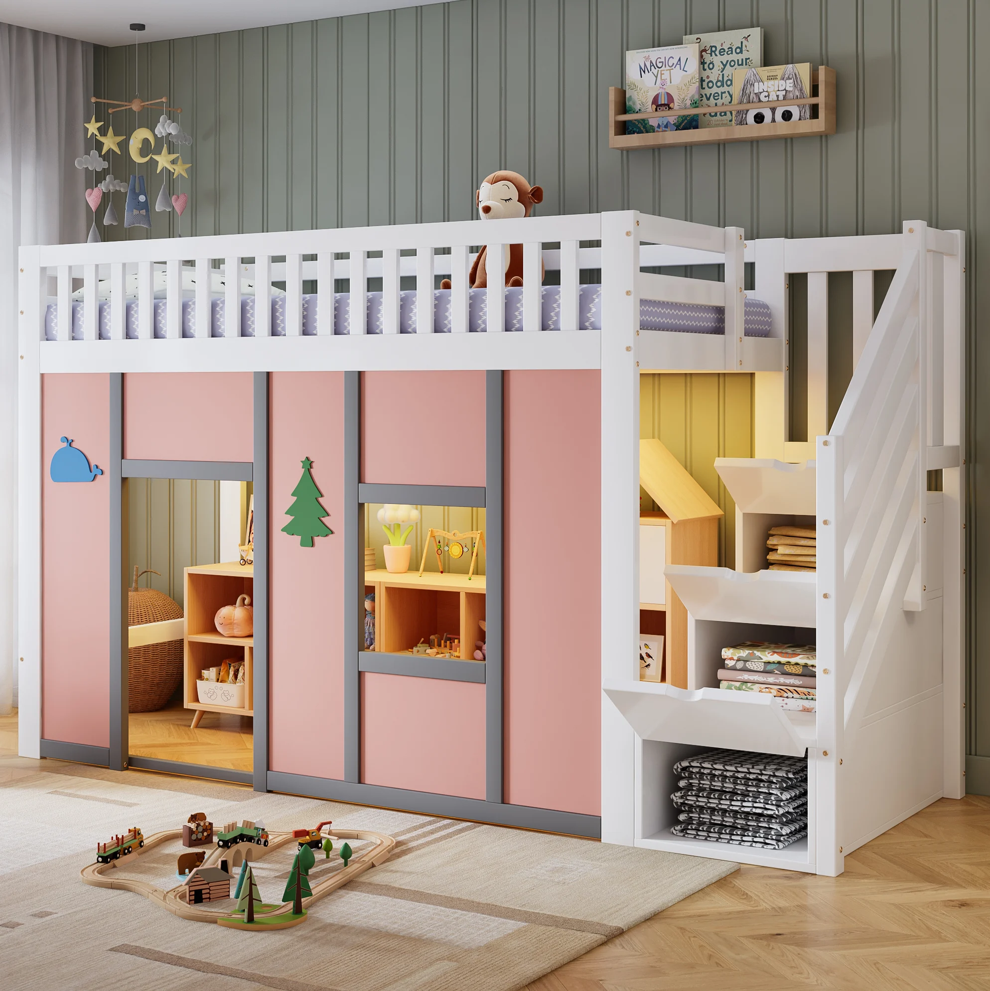 Halfhoog kinderbed 90x200 cm in wit en roze met opbergtrap en LED-verlichting