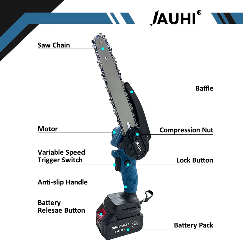 JAUHI 8 Inch Brushless Electric Chain Saw Cordless Mini Handheld Pruning Saw Woodworking Cutting Tool For Makita 18V Battery