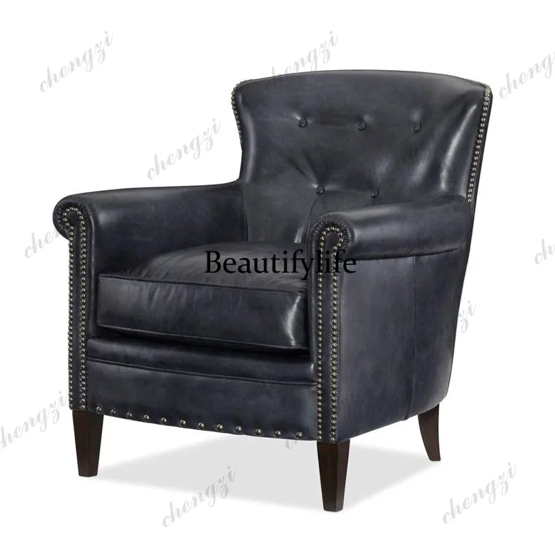 American living room vintage single sofa chair, simple genuine leather wax leather balcony lounge chair
