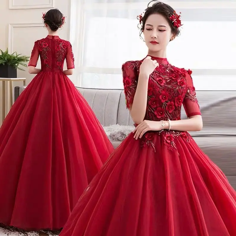 Wine Red Long Dress for Women Spring Summer New Solid Color Decal Sequin Square Collar A-line Skirt Elegant Female Clothing M147